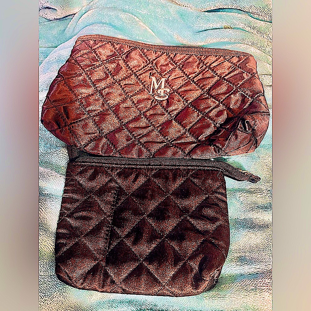 set of 2 quilted satin cosmetic bags NWOT Floxite & MS labels black zip top Vtg